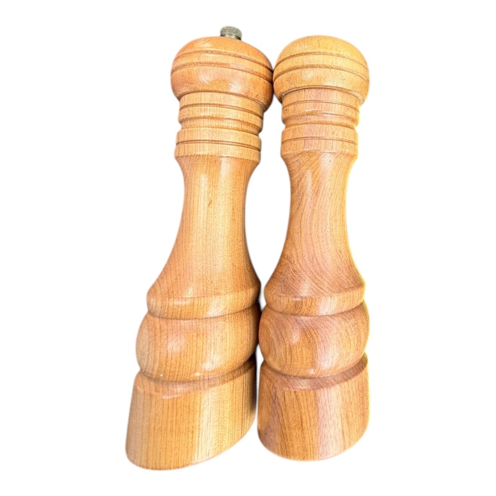 Vintage Wood Salt Shaker and Pepper Mill Set Brown Hand Turned Japan Kitchenware